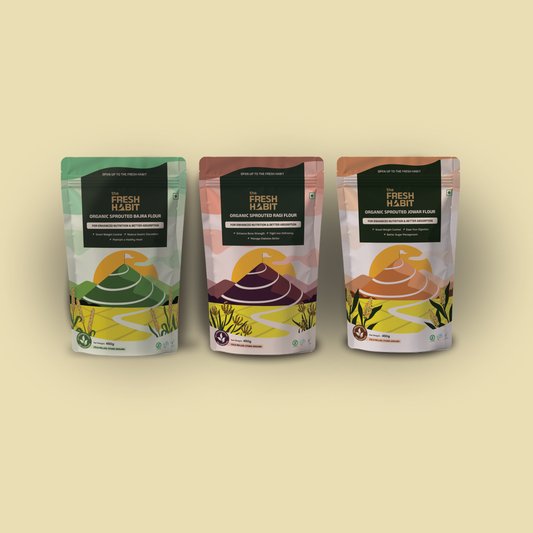Organic Sprouted Millet Flour Combo | Sprouted Ragi Atta, Sprouted Bajra Atta & Sprouted Jowar Atta | Gluten Free | High Fibre Flours for Daily Cooking | 450g × 3