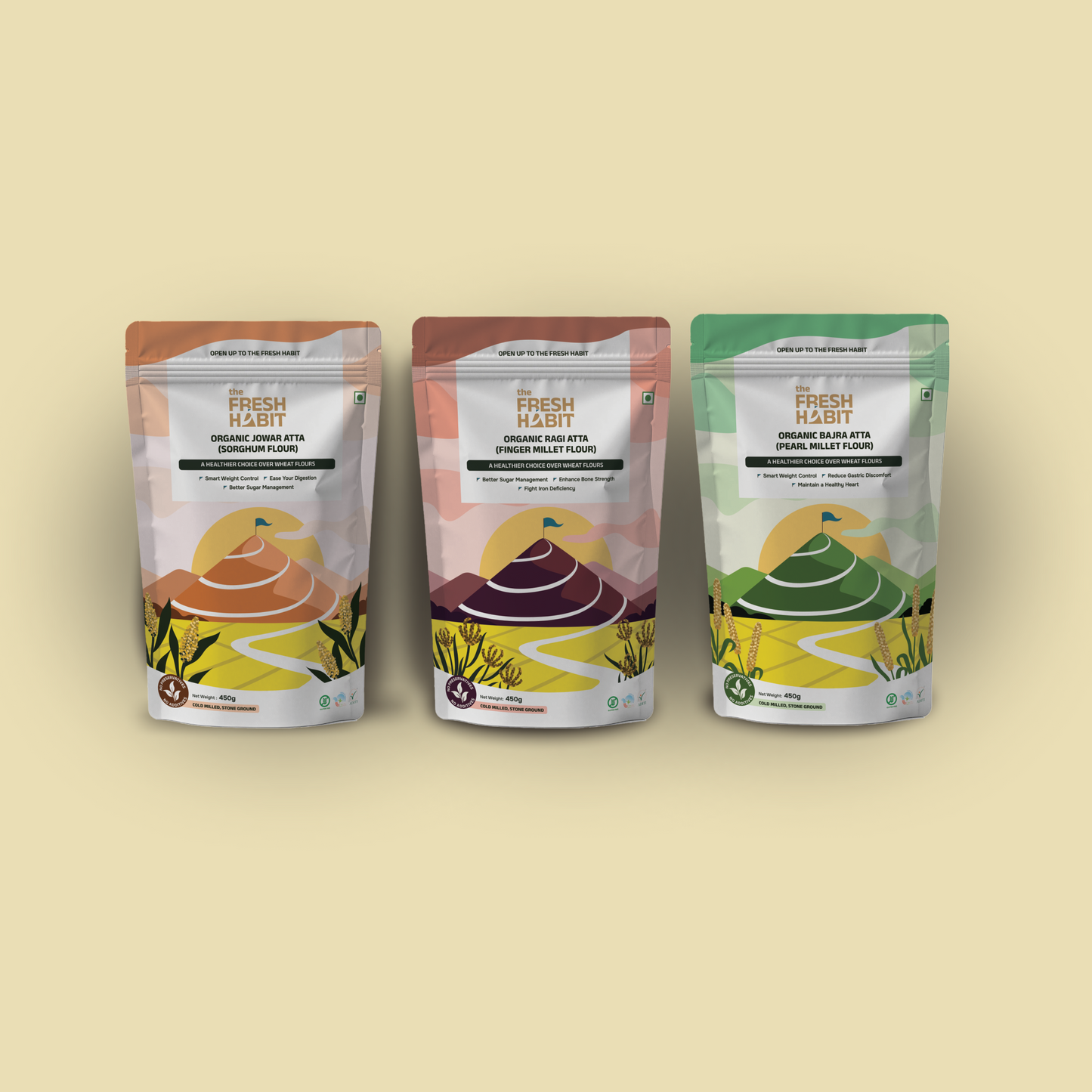 Organic Millet Flour Combo | Jowar Atta, Ragi Atta & Bajra Atta | Gluten Free | High Fibre Flours for Daily Cooking |450g × 3